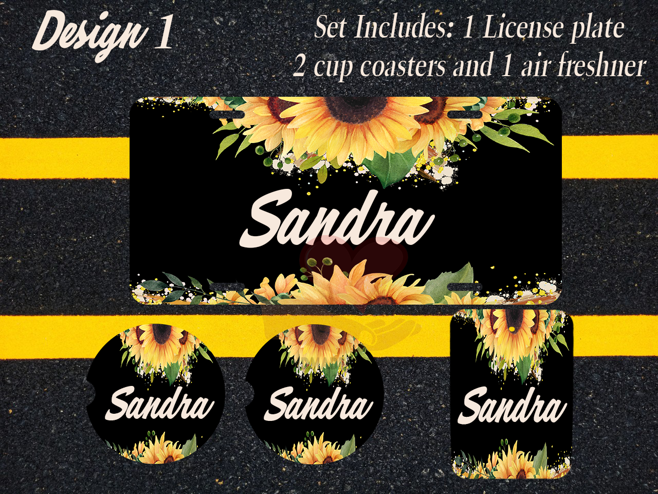 Custom License Plate, Air Fresheners, and Car Coasters Set