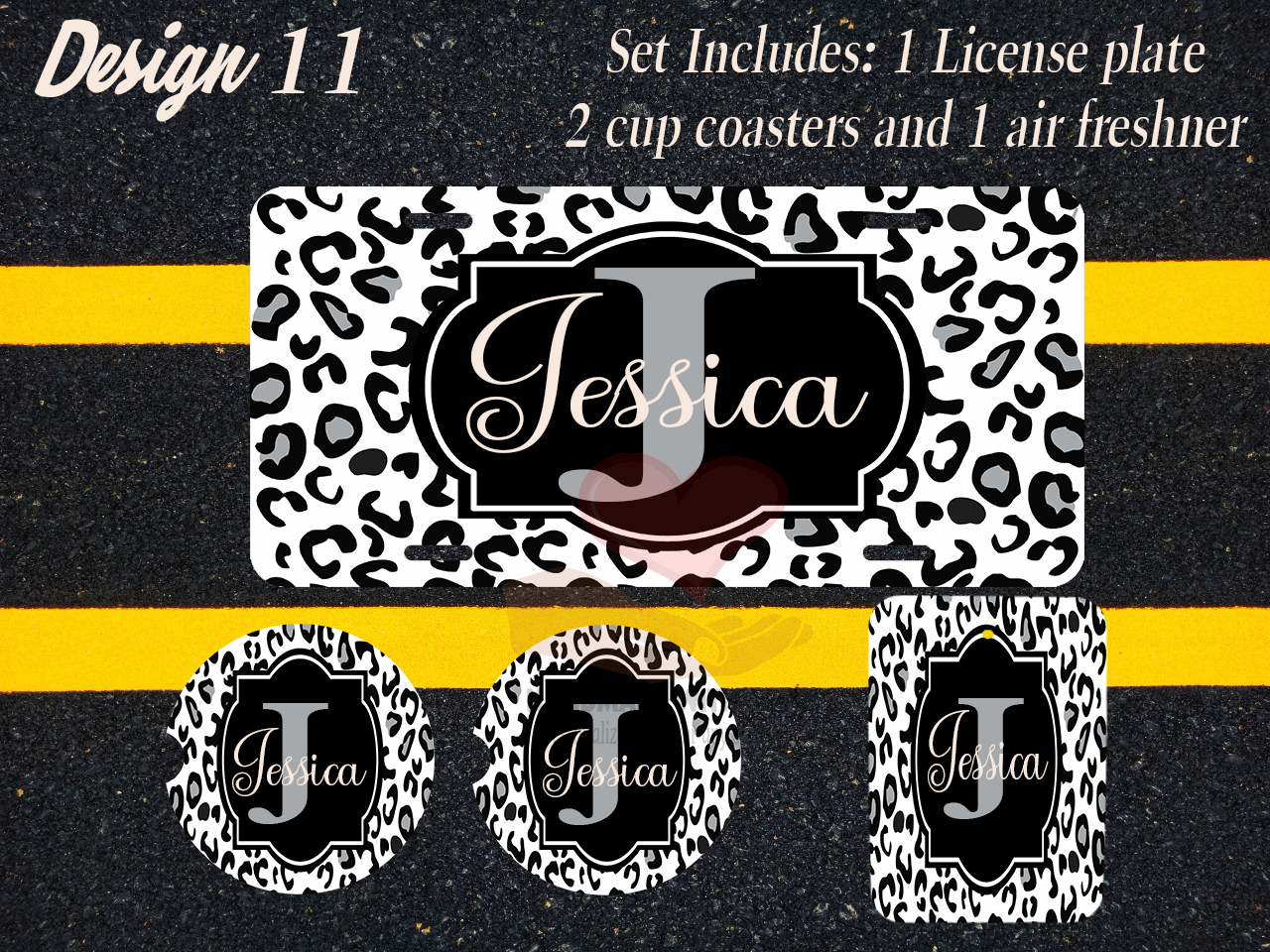 Custom License Plate, Air Fresheners, and Car Coasters Set