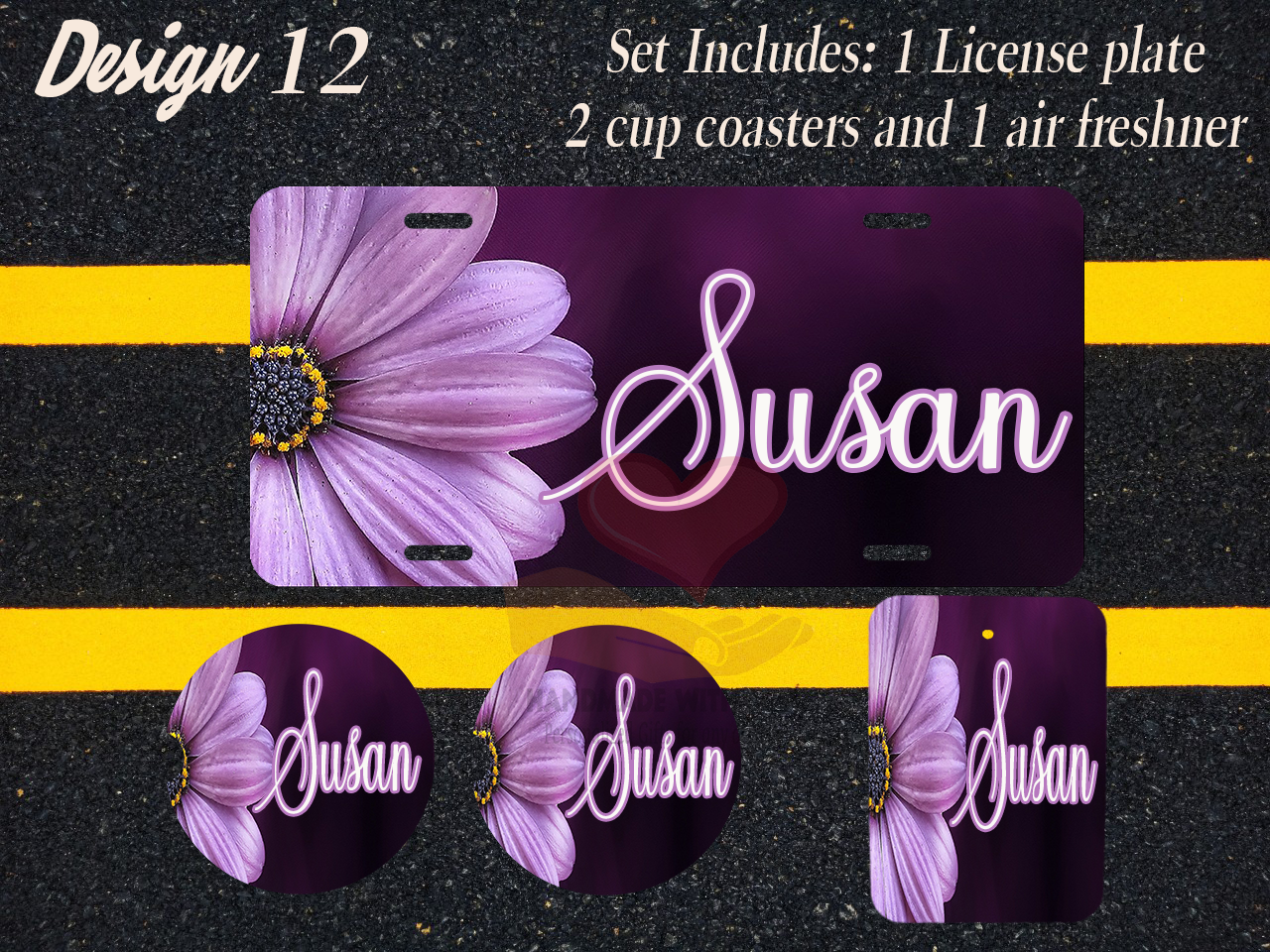 Custom License Plate, Air Fresheners, and Car Coasters Set