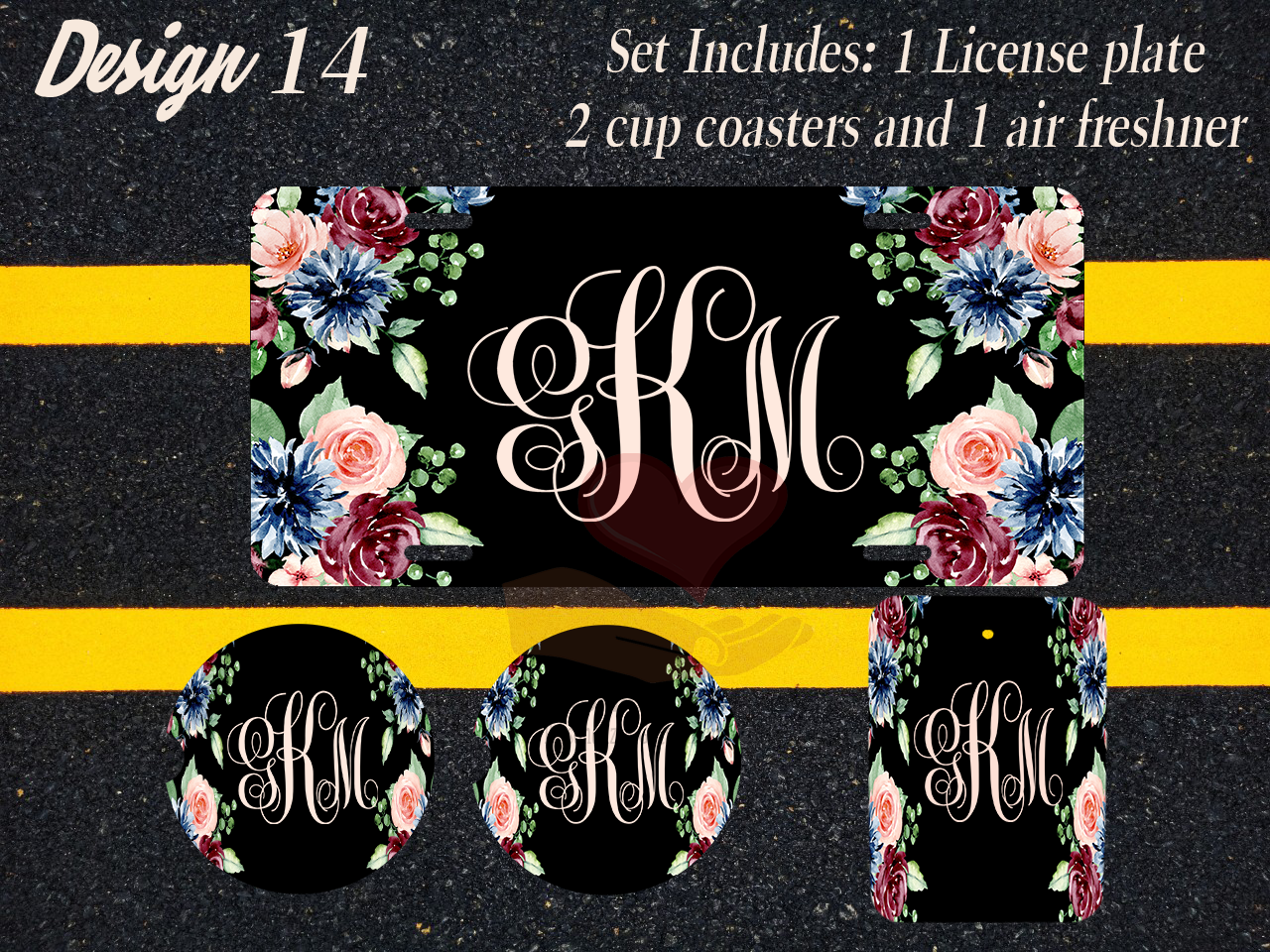 Custom License Plate, Air Fresheners, and Car Coasters Set