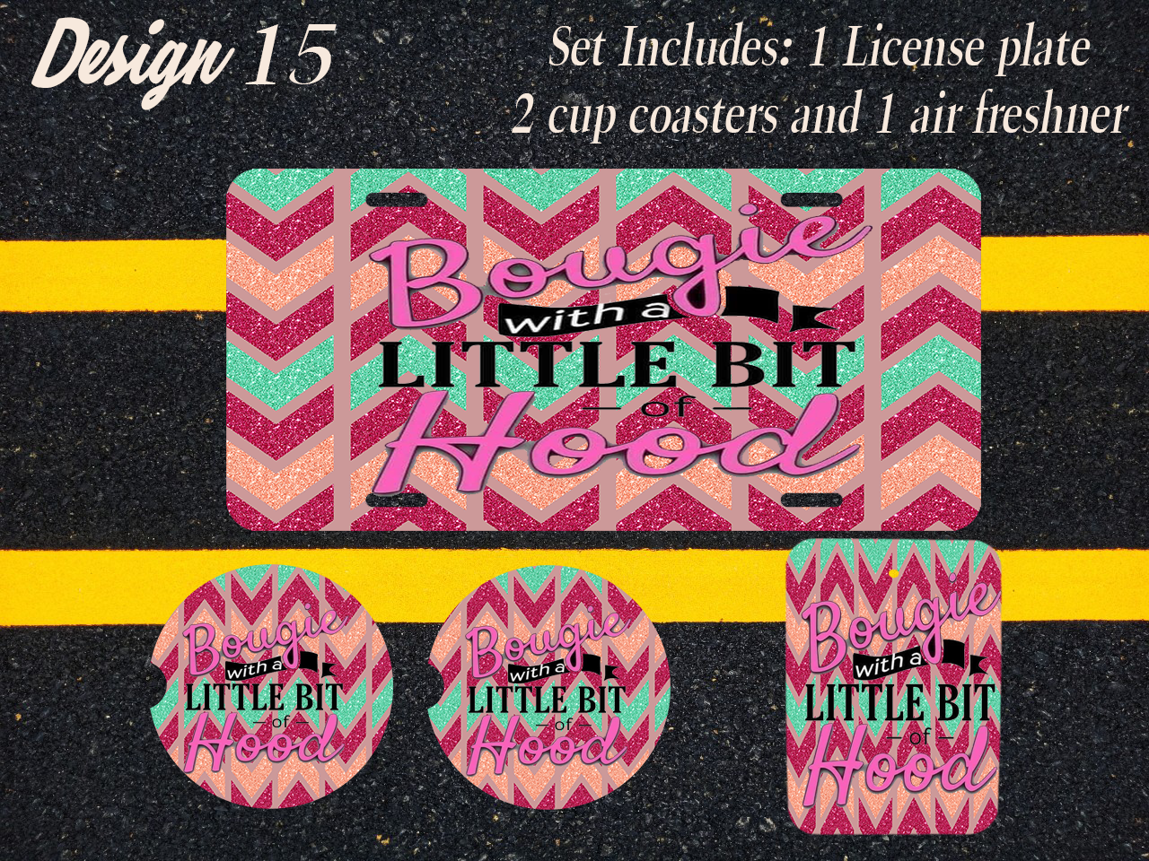 Custom License Plate, Air Fresheners, and Car Coasters Set