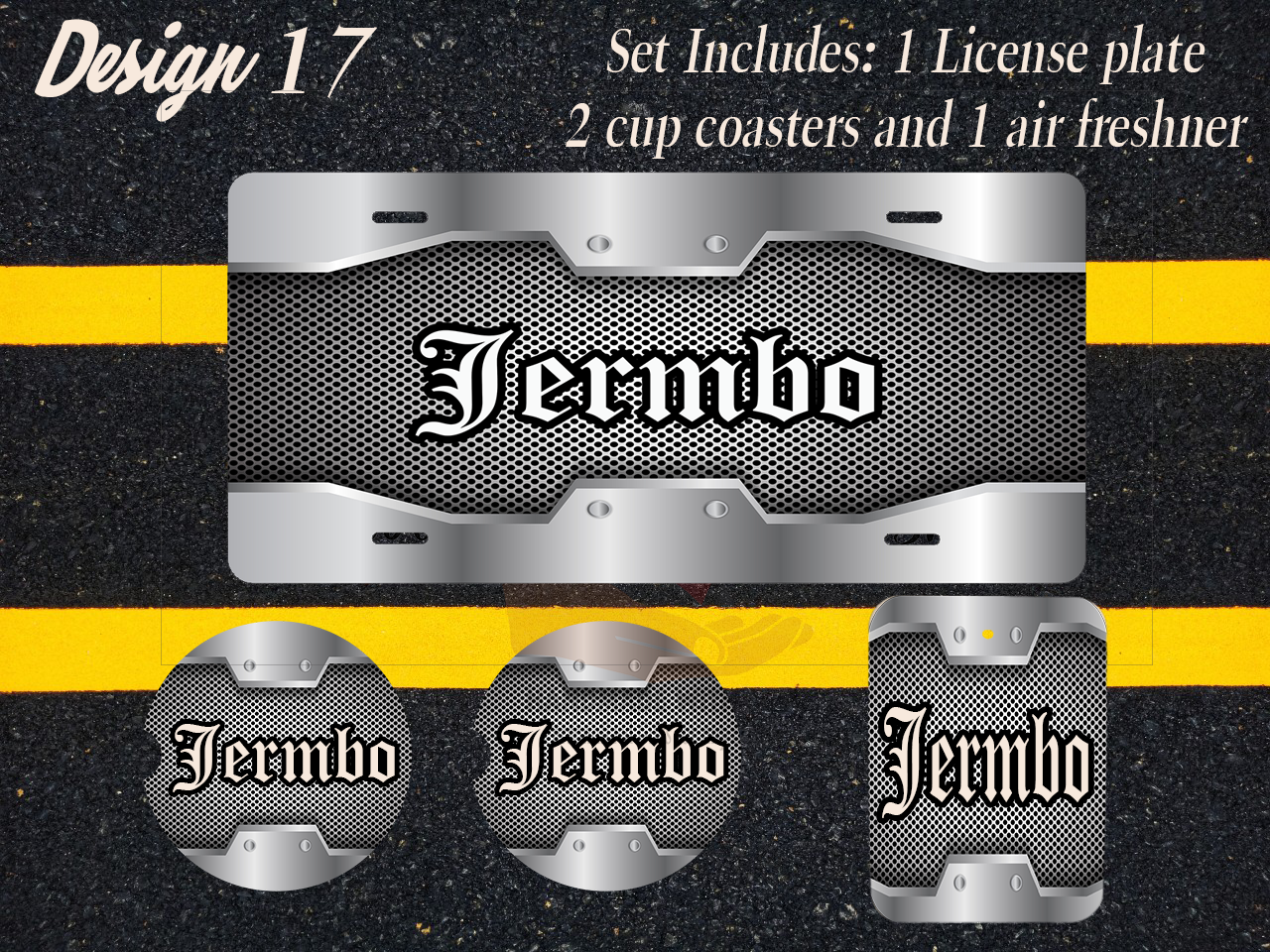 Custom License Plate, Air Fresheners, and Car Coasters Set