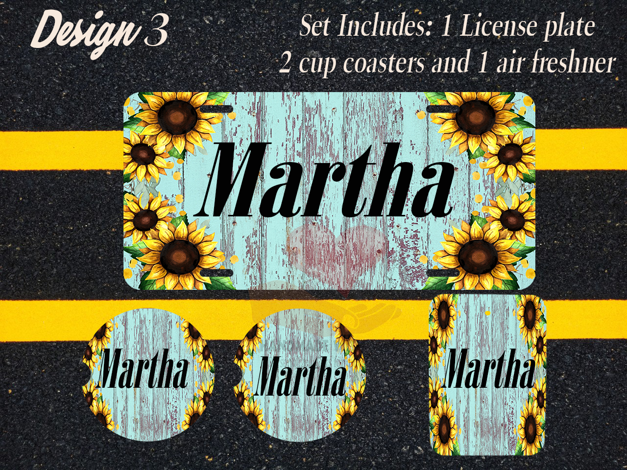 Custom License Plate, Air Fresheners, and Car Coasters Set