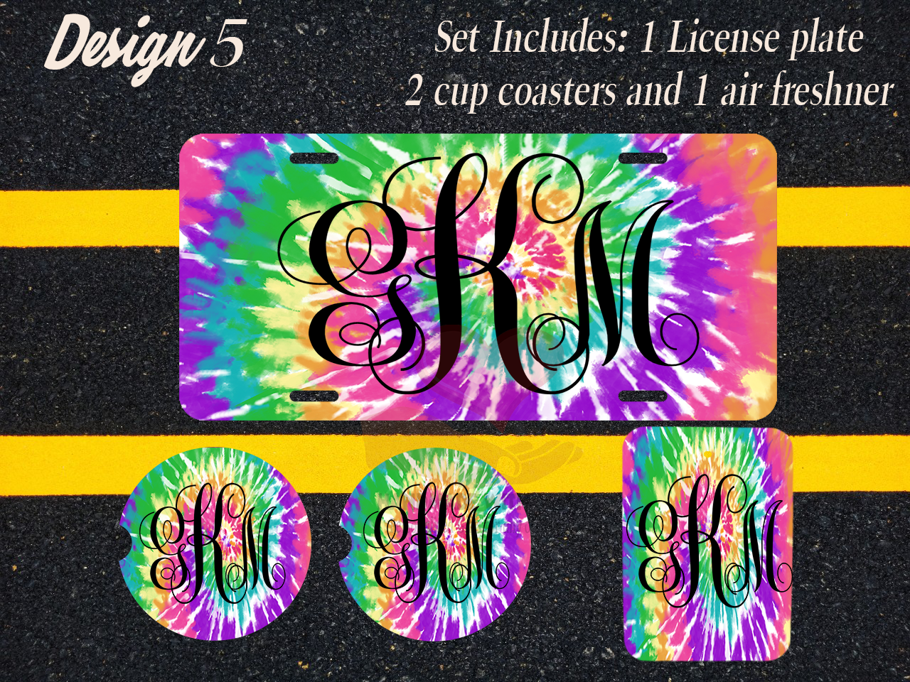 Custom License Plate, Air Fresheners, and Car Coasters Set